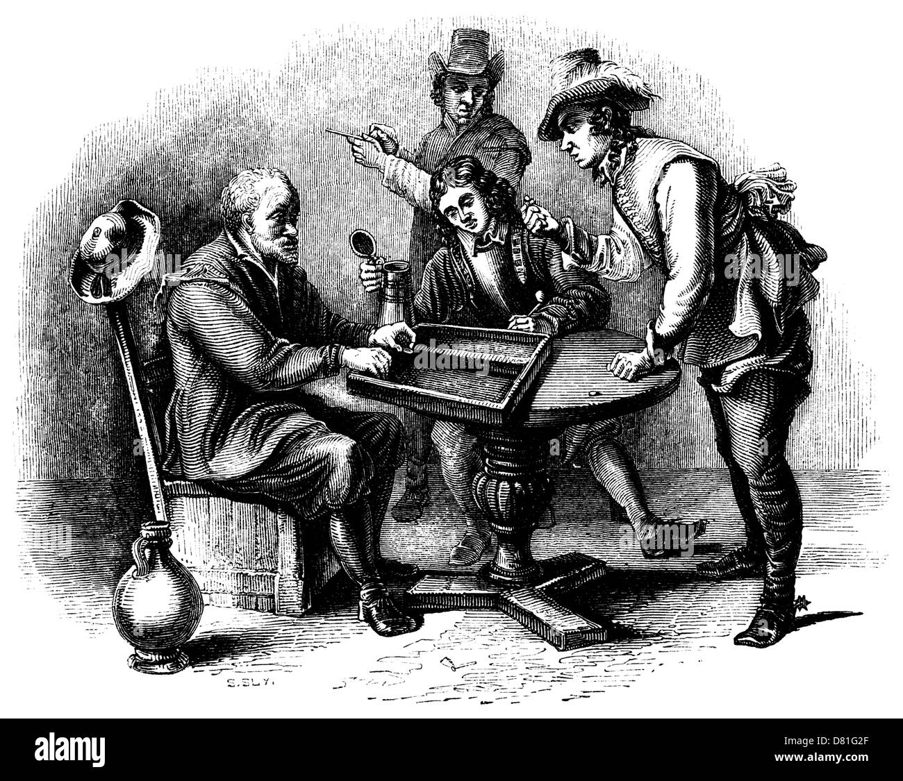1840s incisione: al tavolo da gioco (dopo un dipinto di Teniers) Foto Stock