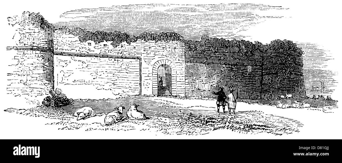 Le pareti e il cancello di Castello di Pevensey, Sussex, Regno Unito (1845 incisione) Foto Stock