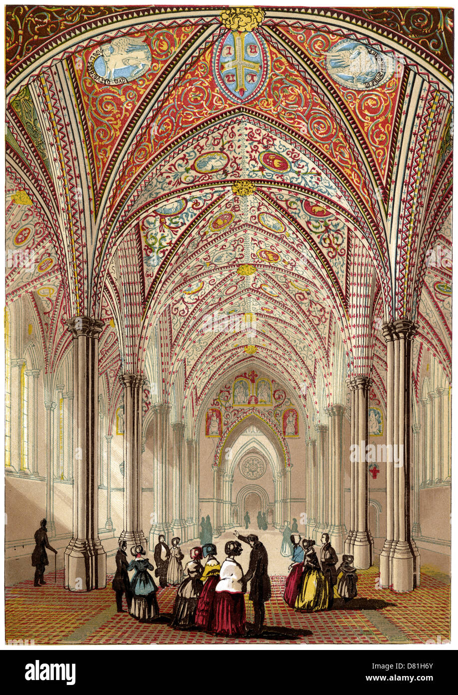 Interno del Tempio la Chiesa, London, casa dei cavalieri Templari. Da un 1840s incisione colorata. Foto Stock
