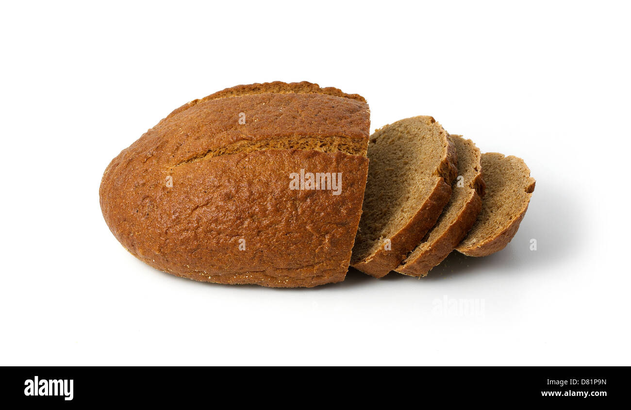Filone di fette di pane tagliate fuori su uno sfondo bianco Foto Stock