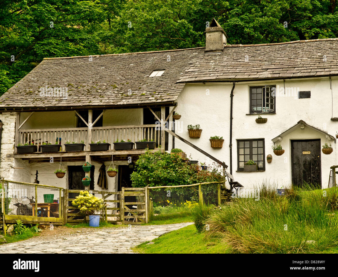 Bella casa in Lake District con un sacco di fiori invasati Foto Stock
