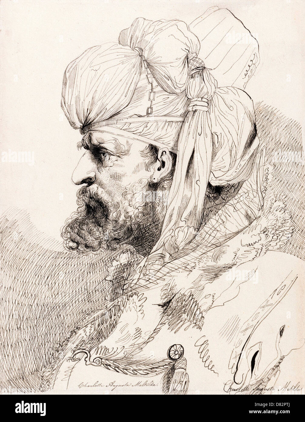 La Principessa Charlotte Augusta, la testa di un Aga del Janisseries. Non datato. Inchiostro nero su carta a trama. Yale Center per arte inglese Foto Stock