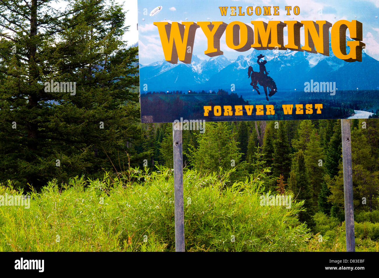 Lettura del segno 'Benvenuti al Wyoming: Forever West' al confine di stato lungo Teton passano vicino a Jackson, Wyoming Foto Stock