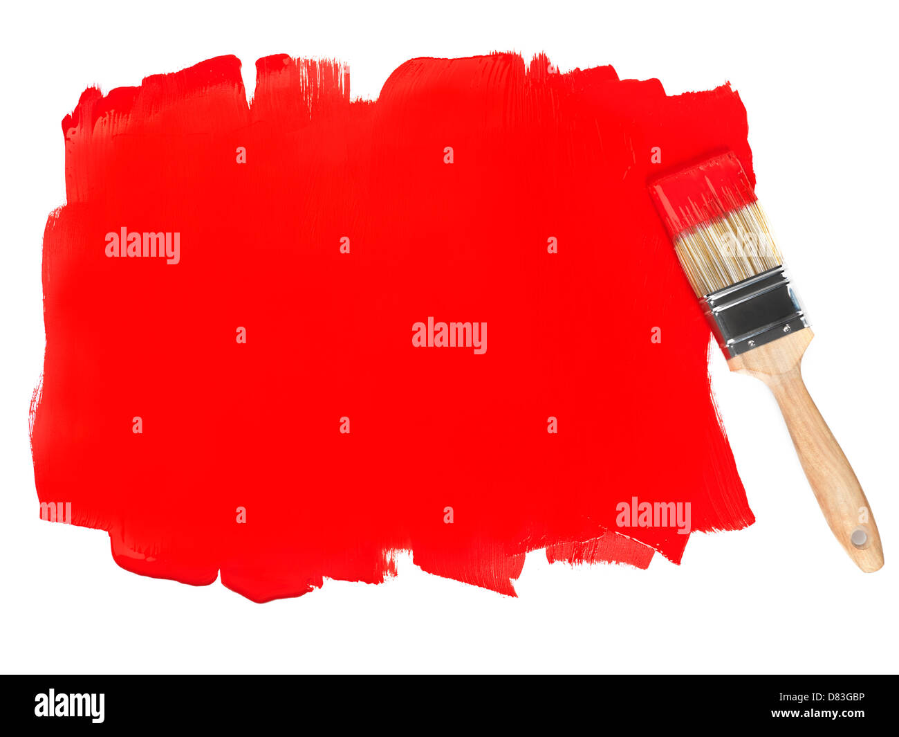 Area dipinta con vernice rossa e un pennello, sfondo concettuale isolato su bianco Foto Stock