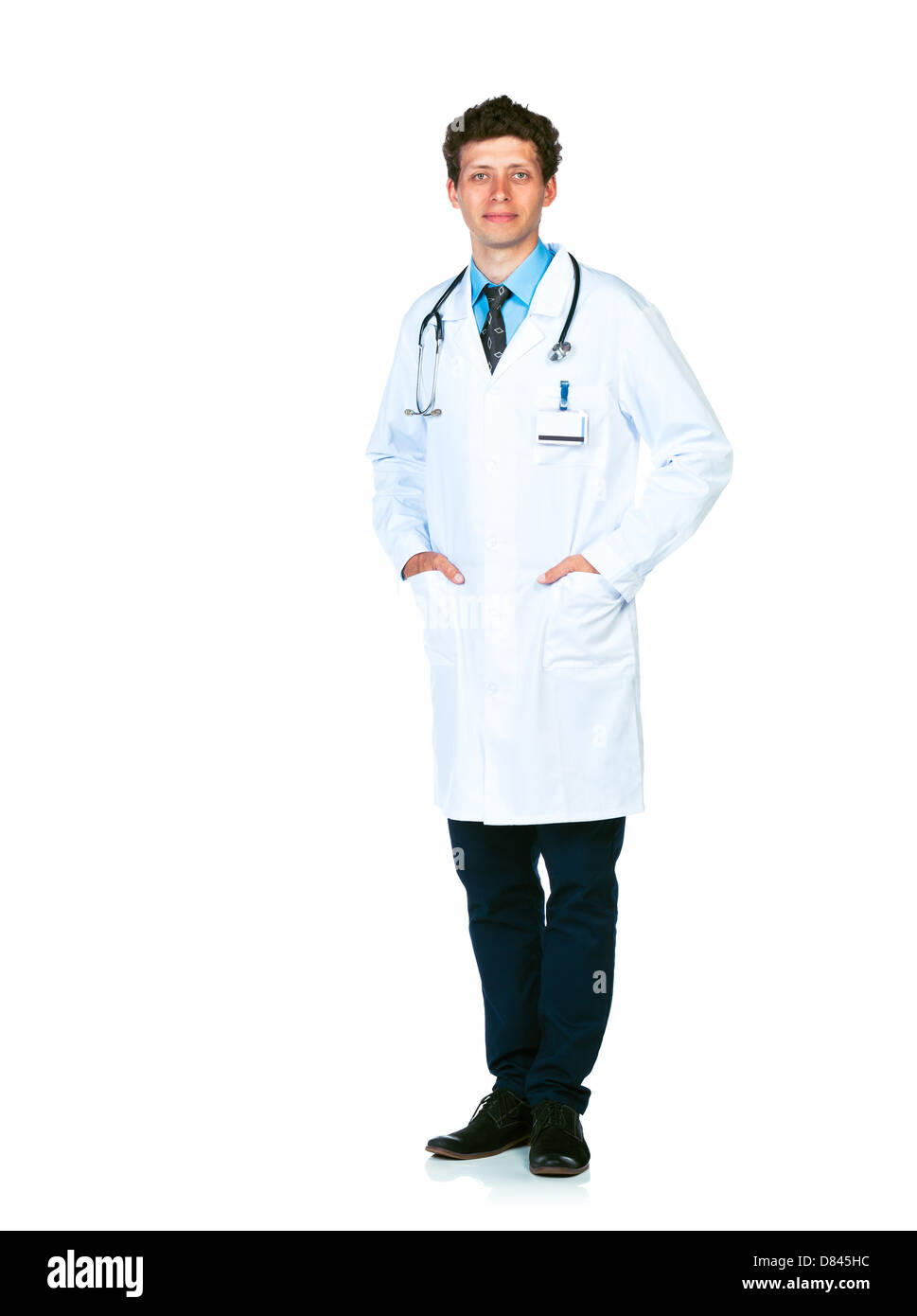 A piena lunghezza ritratto del medico in piedi su sfondo bianco Foto Stock