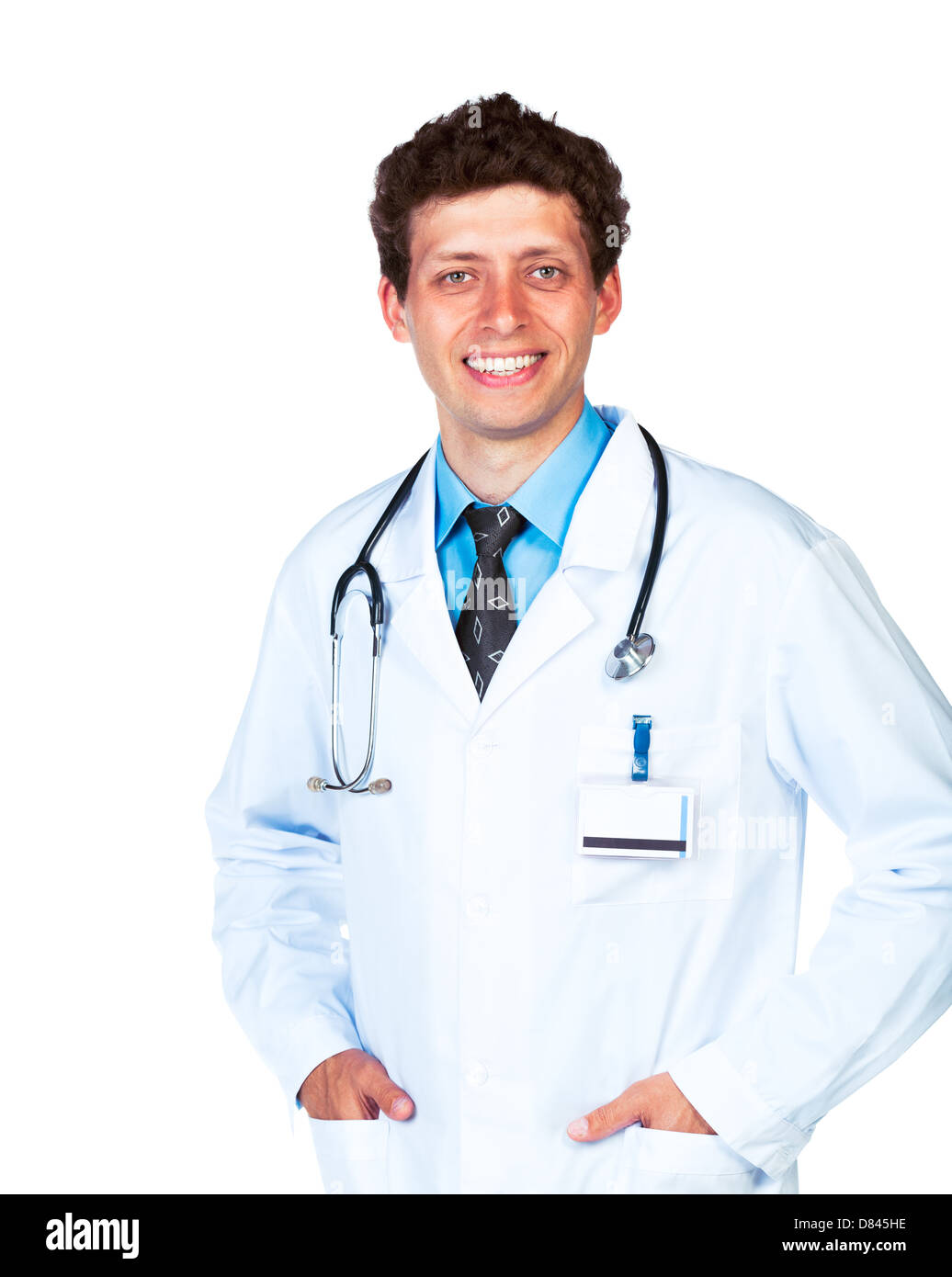 A piena lunghezza ritratto del medico sorridente su sfondo bianco Foto Stock