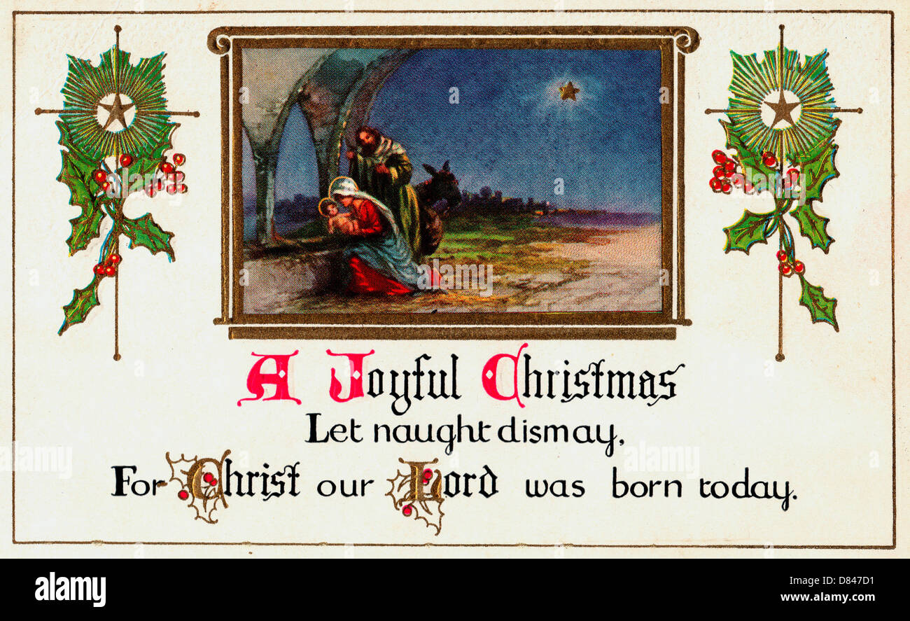 Un gioioso Natale - lasciare nulla sgomento per Cristo nostro Signore è nato oggi - Scheda Vintage con la scena della Natività Foto Stock