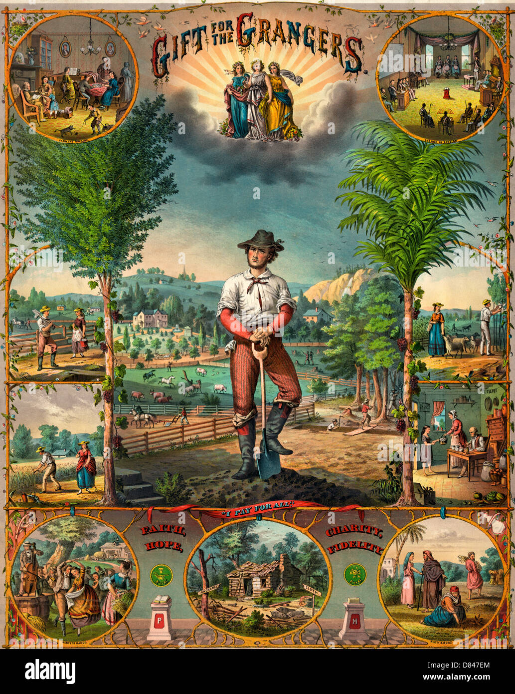 Regalo per i grangers - stampa promozionale per Grange membri raffiguranti scene di allevamento e della vita agricola, circa 1873 Foto Stock