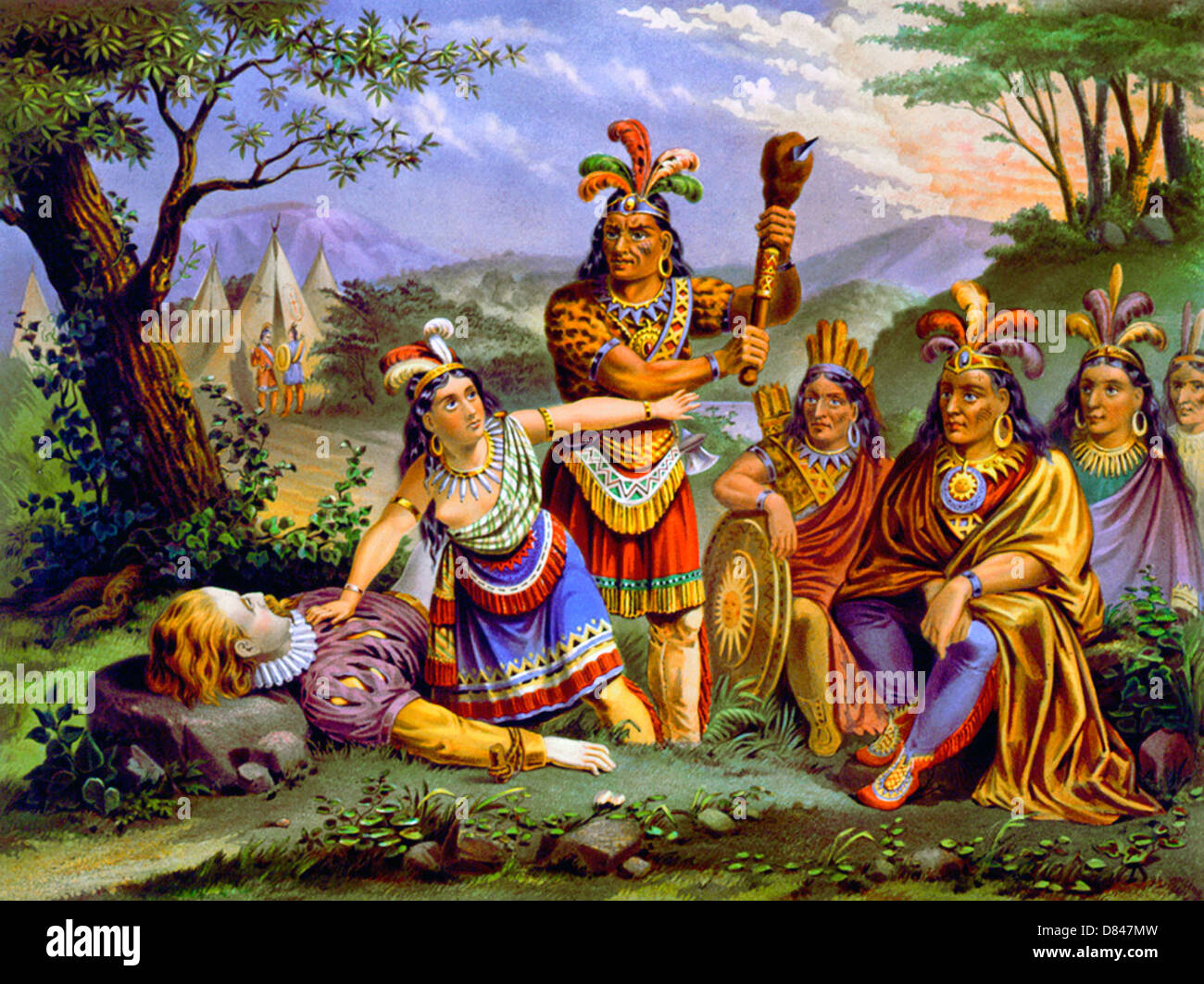 Pocahontas salvando la vita del capitano John Smith Foto Stock