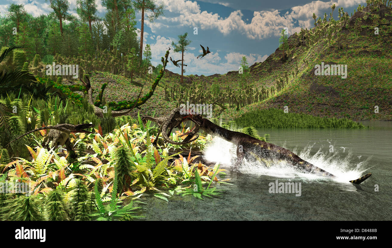 Un Nothosaurus catture un unware Ceolophysis. Foto Stock