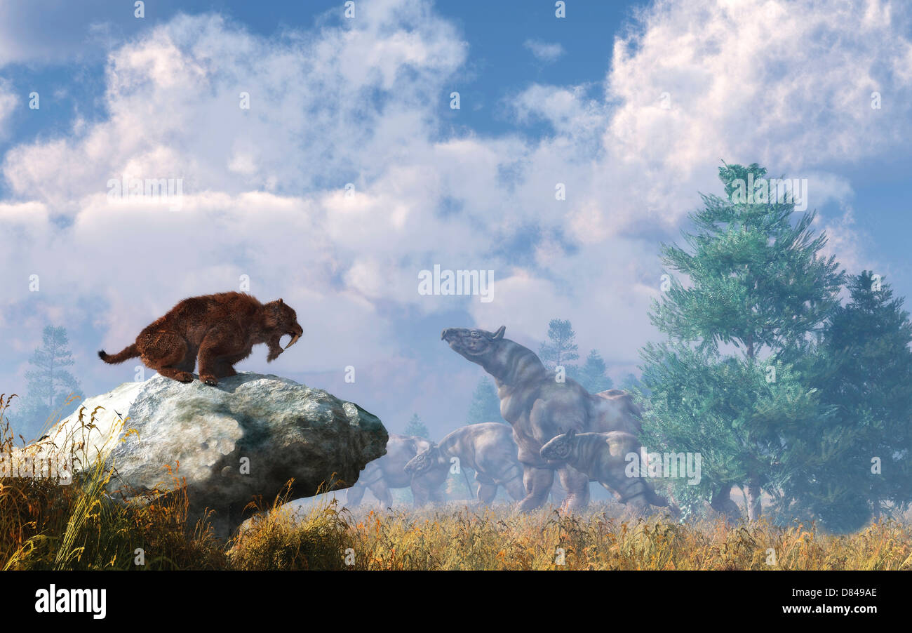 Un Eusmilus orologi di una mandria di Paraceratherium. Foto Stock