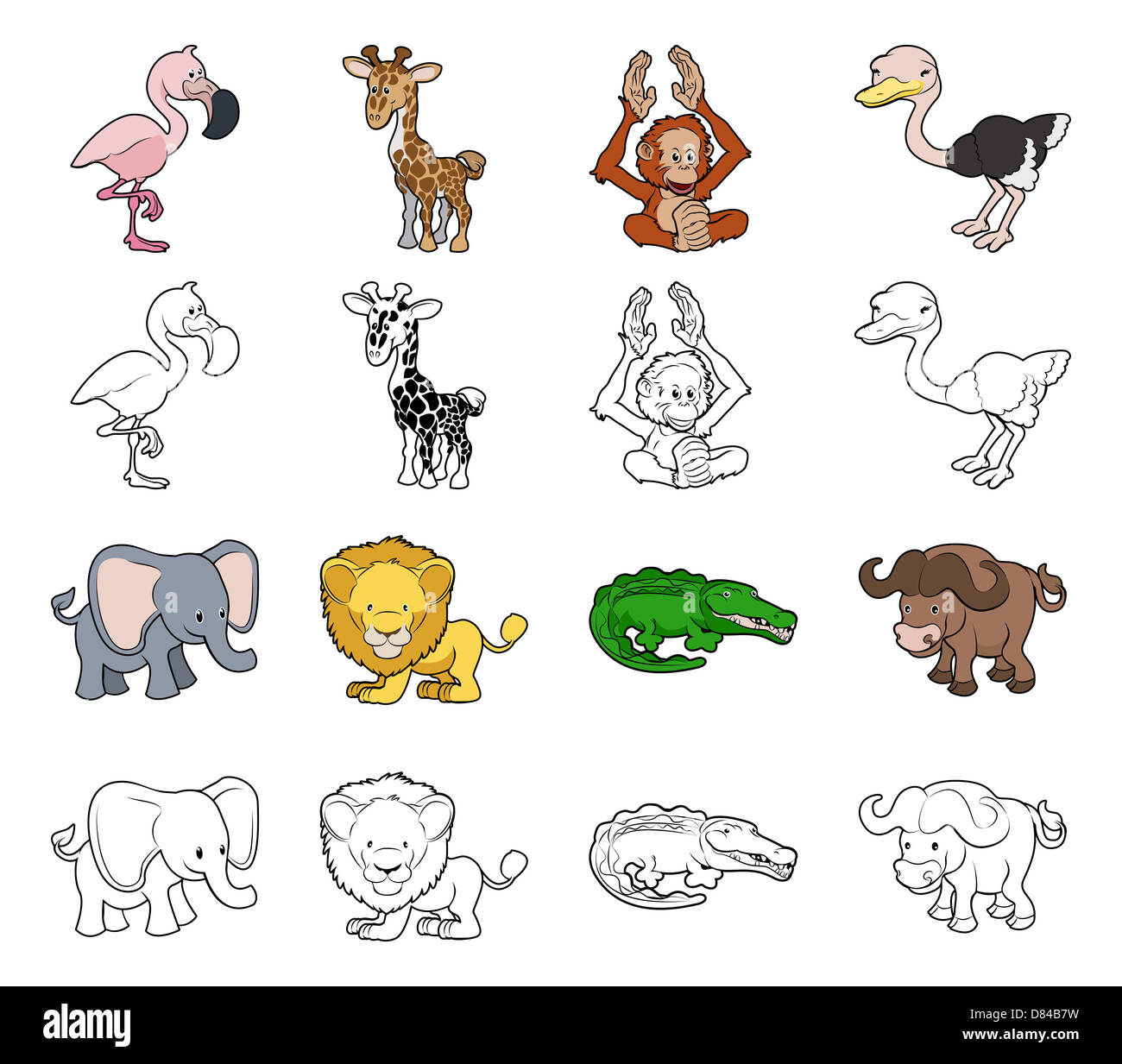 Una serie di cartoni animati Animali safari illustrazioni. A colori e in bianco e nero un profilo bianco versioni. Foto Stock