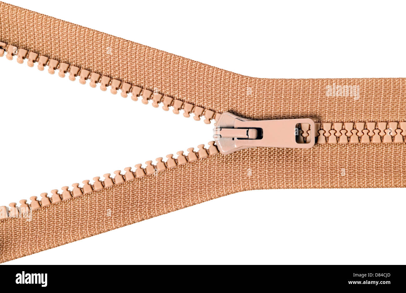 Brown zip con denti di metallo, decompresso, abbigliamento Foto Stock