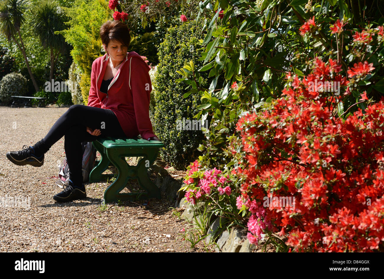 Donna seduta su una panchina nel parco Foto Stock