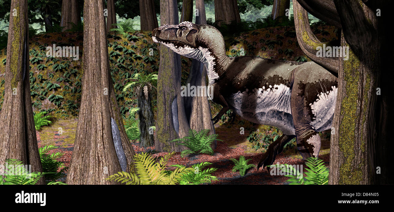 Tyrannosaurus rex di pattuglie i bordi di una foresta cretaceo. Foto Stock