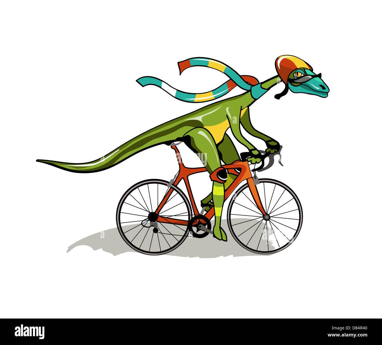 Illustrazione di un dinosauro Anabisetia in sella ad una bicicletta. Foto Stock