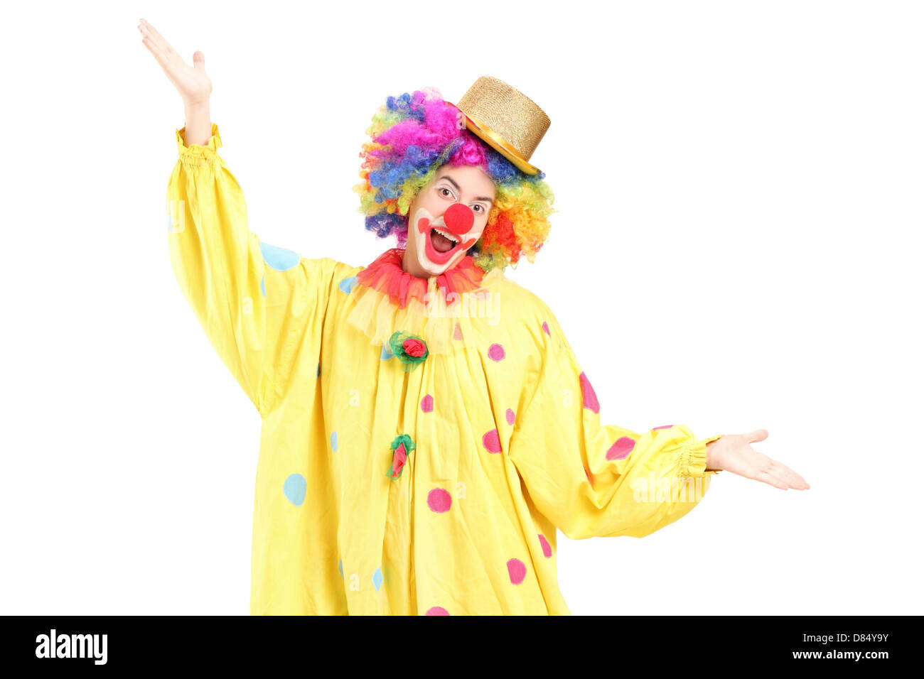Funny circus clown gesti con le mani isolati su sfondo bianco Foto Stock
