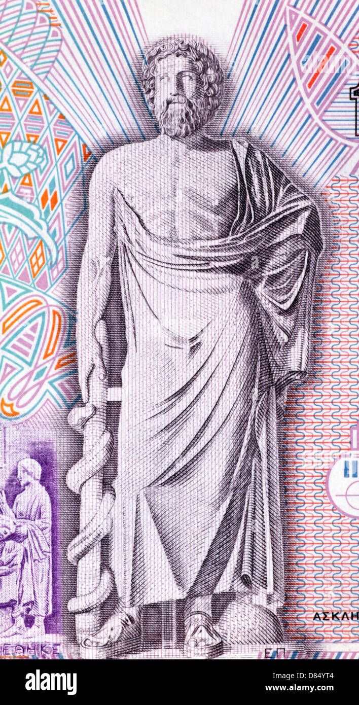 Asclepio su 10000 Drachmes 1995 banconota dalla Grecia. Il dio della medicina e della guarigione nella antica religione greca. Foto Stock