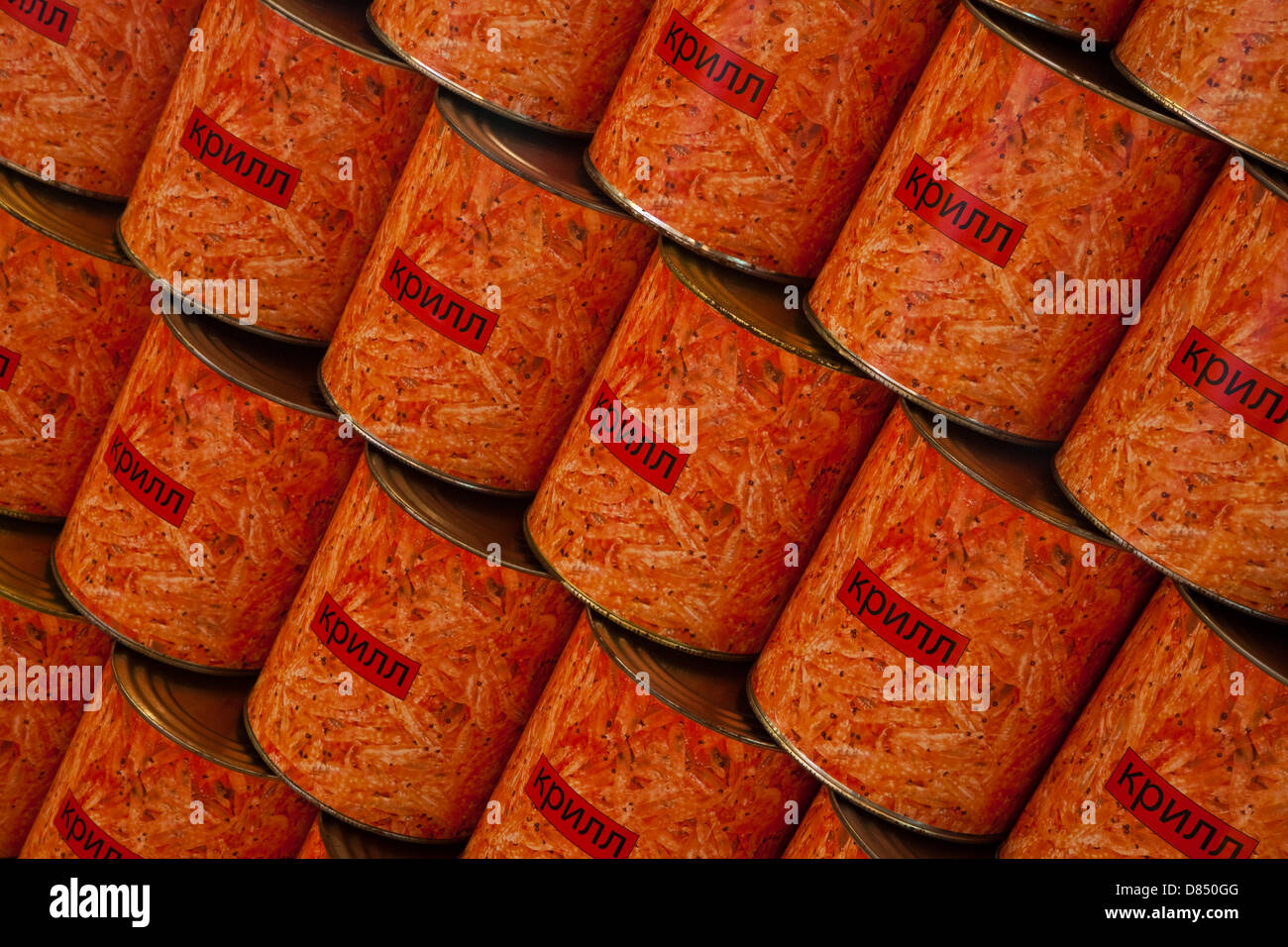 Immagine astratta di conserve di pesce e frutti di mare, il Golfo di Georgia Cannery museum, Vancouver Foto Stock