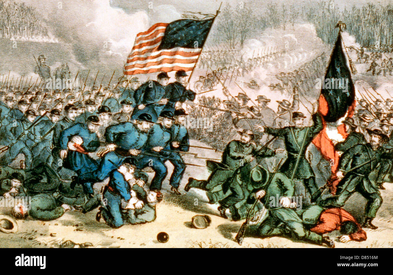 La seconda battaglia di Bull Run, combattuta il 29 agosto 1862. Esercito di  Virginia e forze confederate sotto Lee impegnato in battaglia, Unione  bandiere Foto stock - Alamy