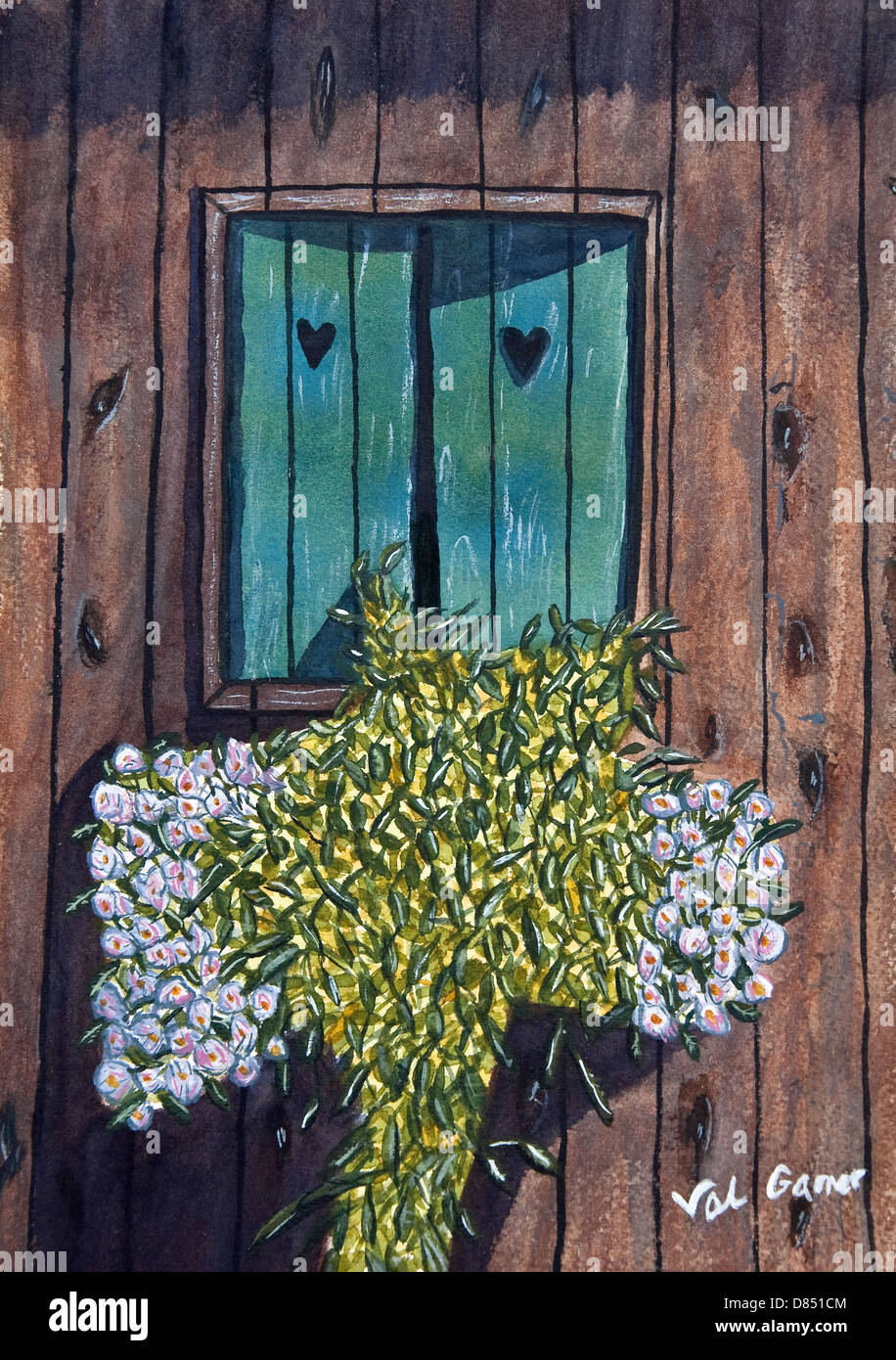 La pittura ad acquerello è un rustico, homestead finestre con persiane  recanti un cuore su ciascun lato e leggermente aperta Foto stock - Alamy