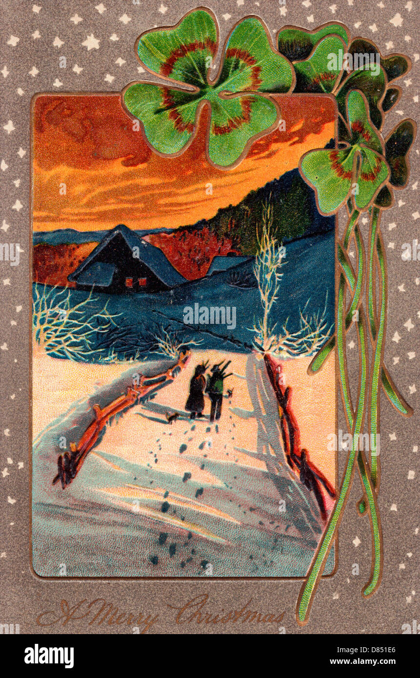 Merry Christmas - Vintage Card con quattro foglia di trifoglio e scena invernale Foto Stock