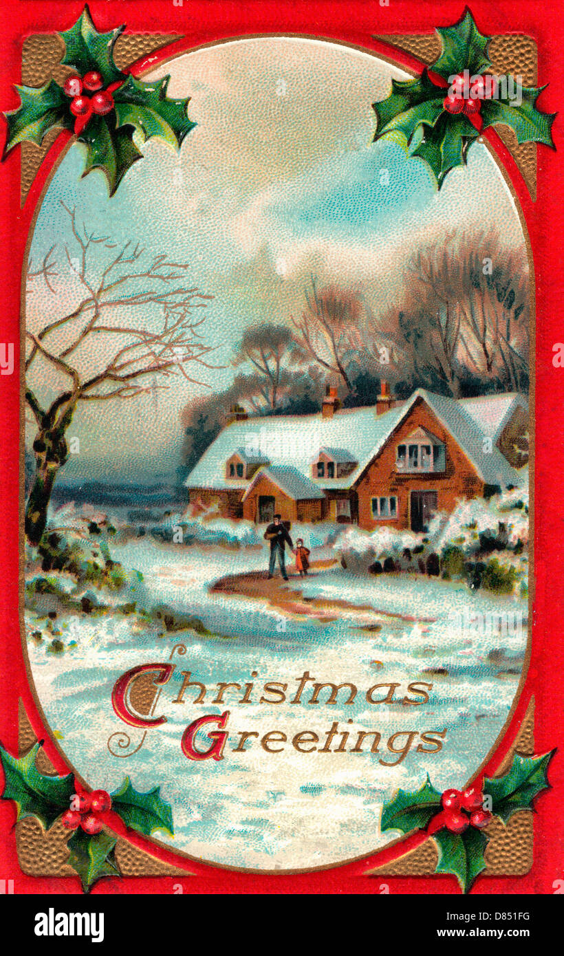 Auguri di Natale - Vintage card con scena invernale e holly Foto Stock