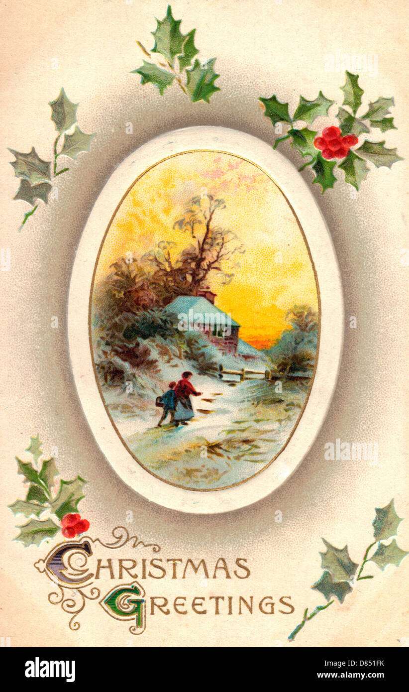 Auguri di Natale - Vintage Card con scena invernale e Holly Foto Stock