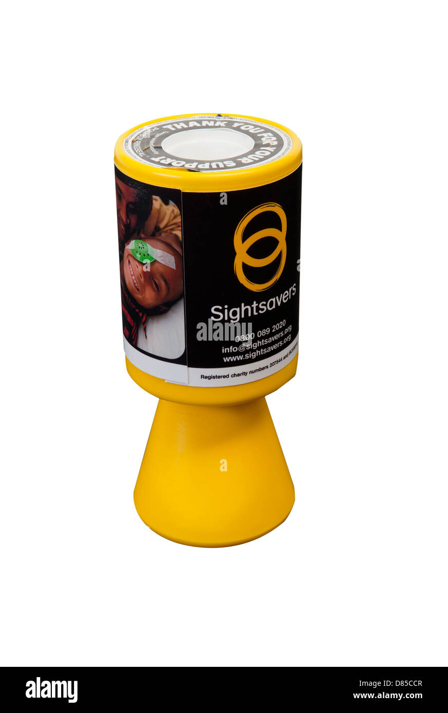 Giallo sightsavers carità stagno di raccolta Foto Stock