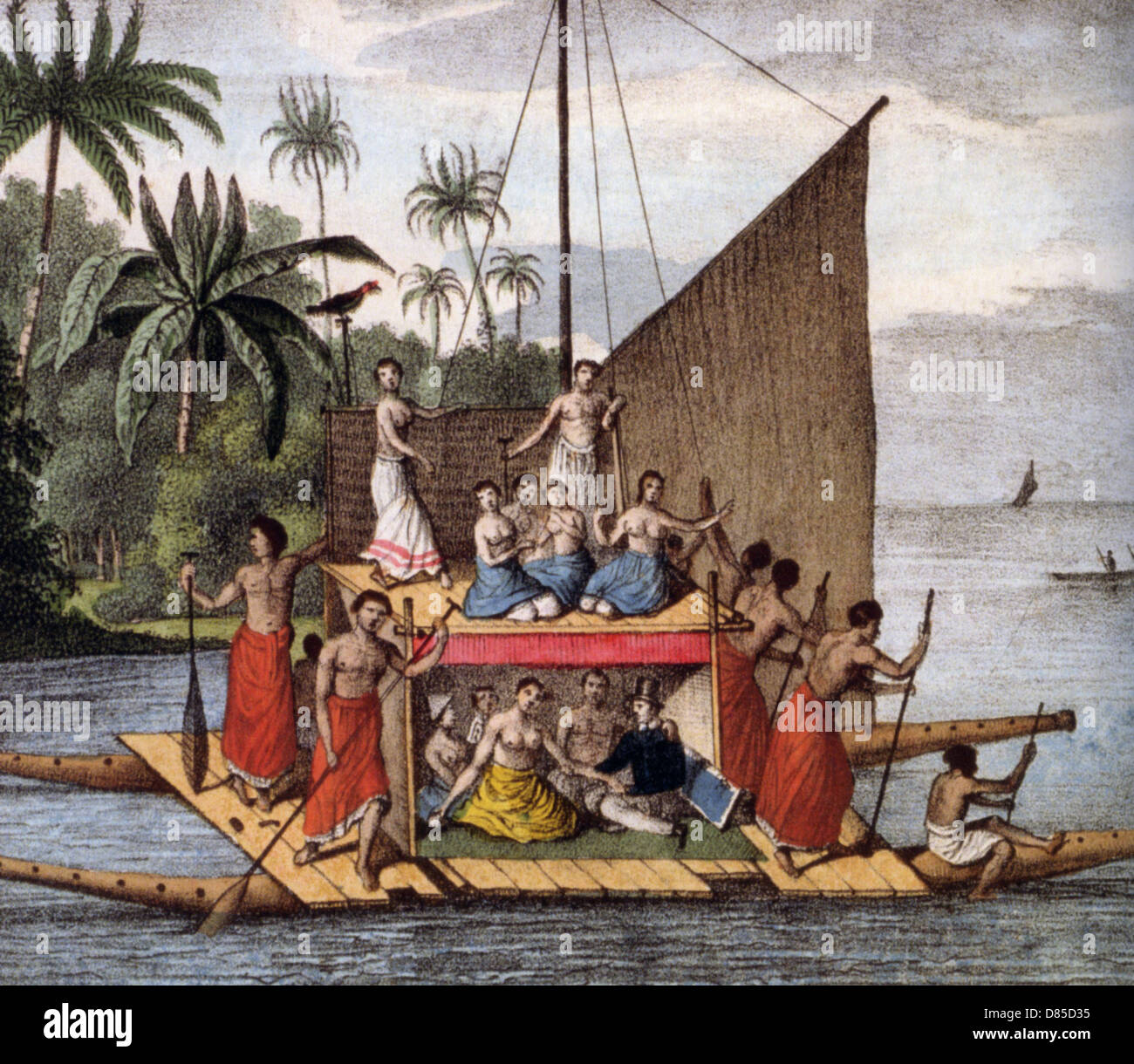 Il tahitiano cerimoniale di canoa con top-cappello unione essendo intrattenuti circa 1820 Foto Stock