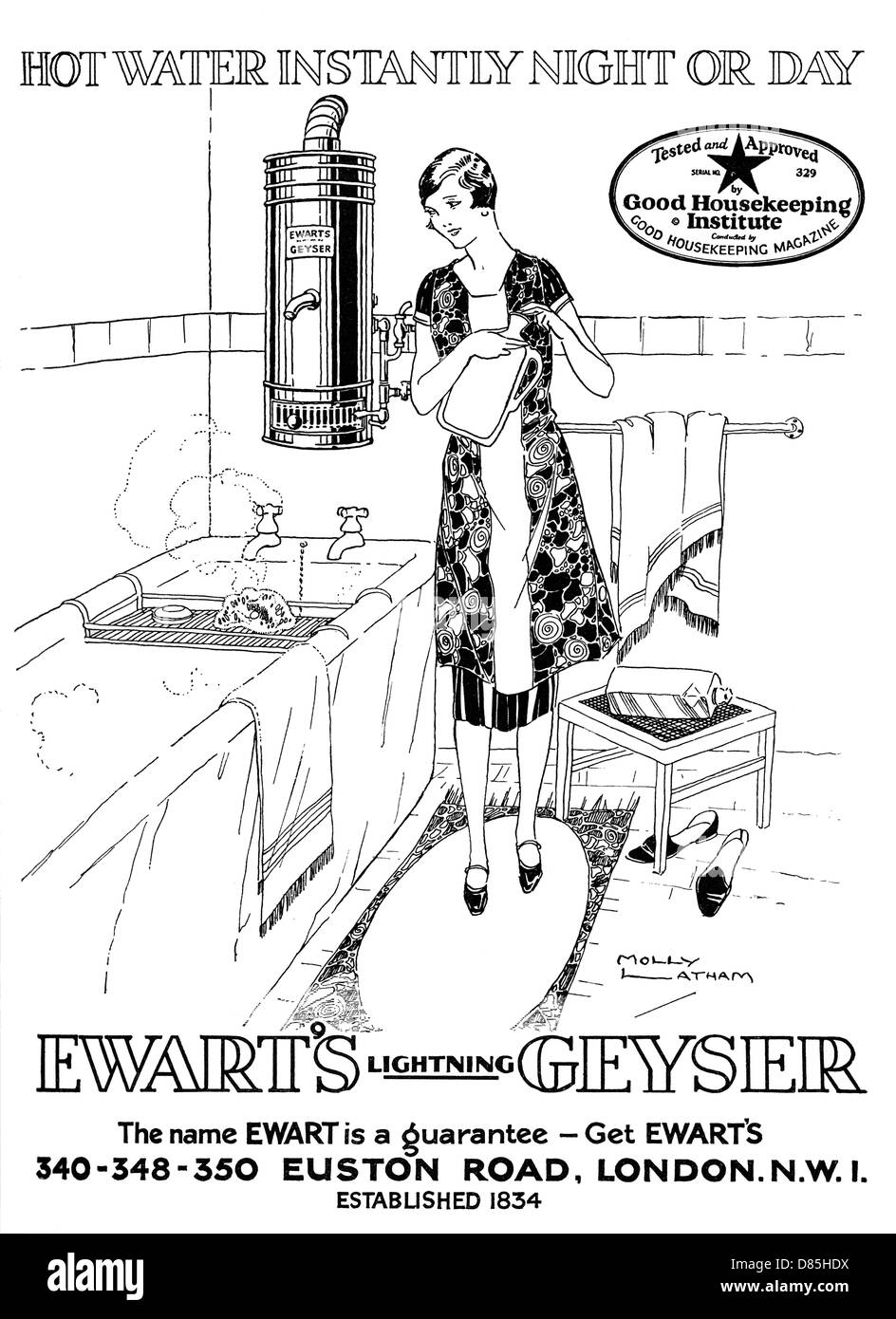 Pubblicità per l'acqua calda di Ewart's Geyser 1927 Foto Stock