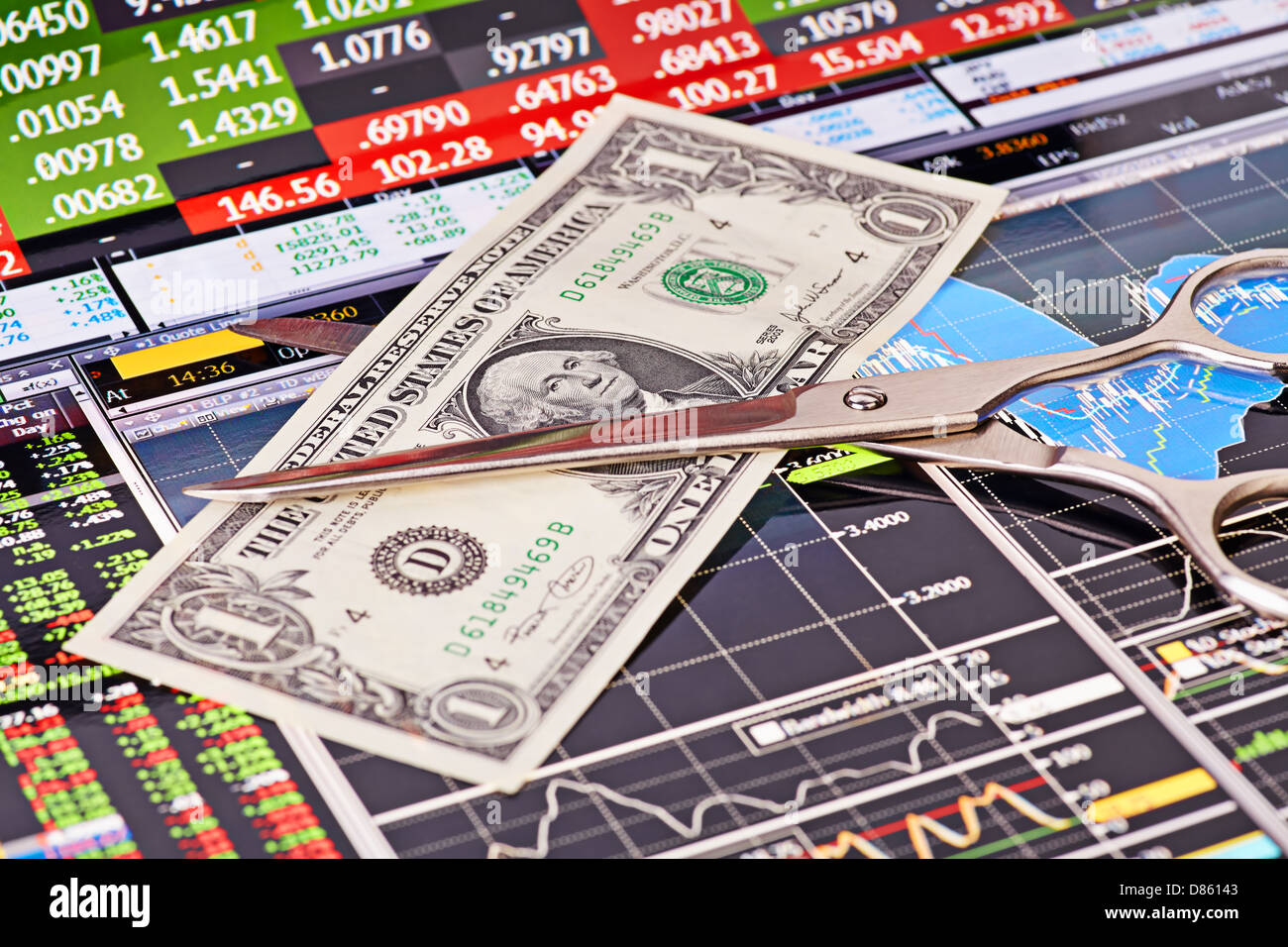 Il taglio a forbice una banconota del dollaro.i grafici finanziari e le colonne dei prezzi come sfondo Foto Stock