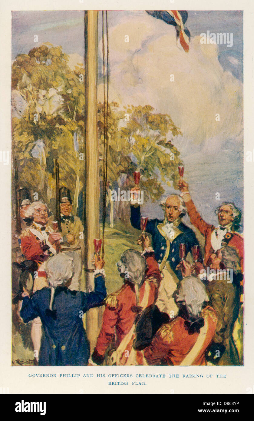 Capitano Arthur Phillip che alza la bandiera inglese a Sydney Foto Stock