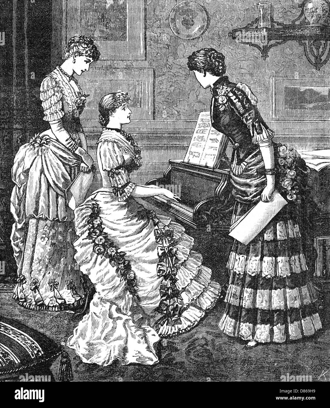 Musica a casa - trio alla moda al pianoforte, 1883 Foto Stock