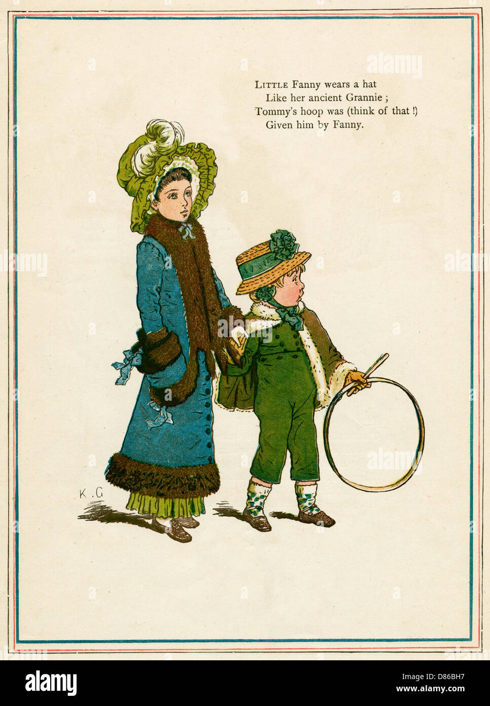 Sorella e fratello con cerchio e bastone Foto Stock