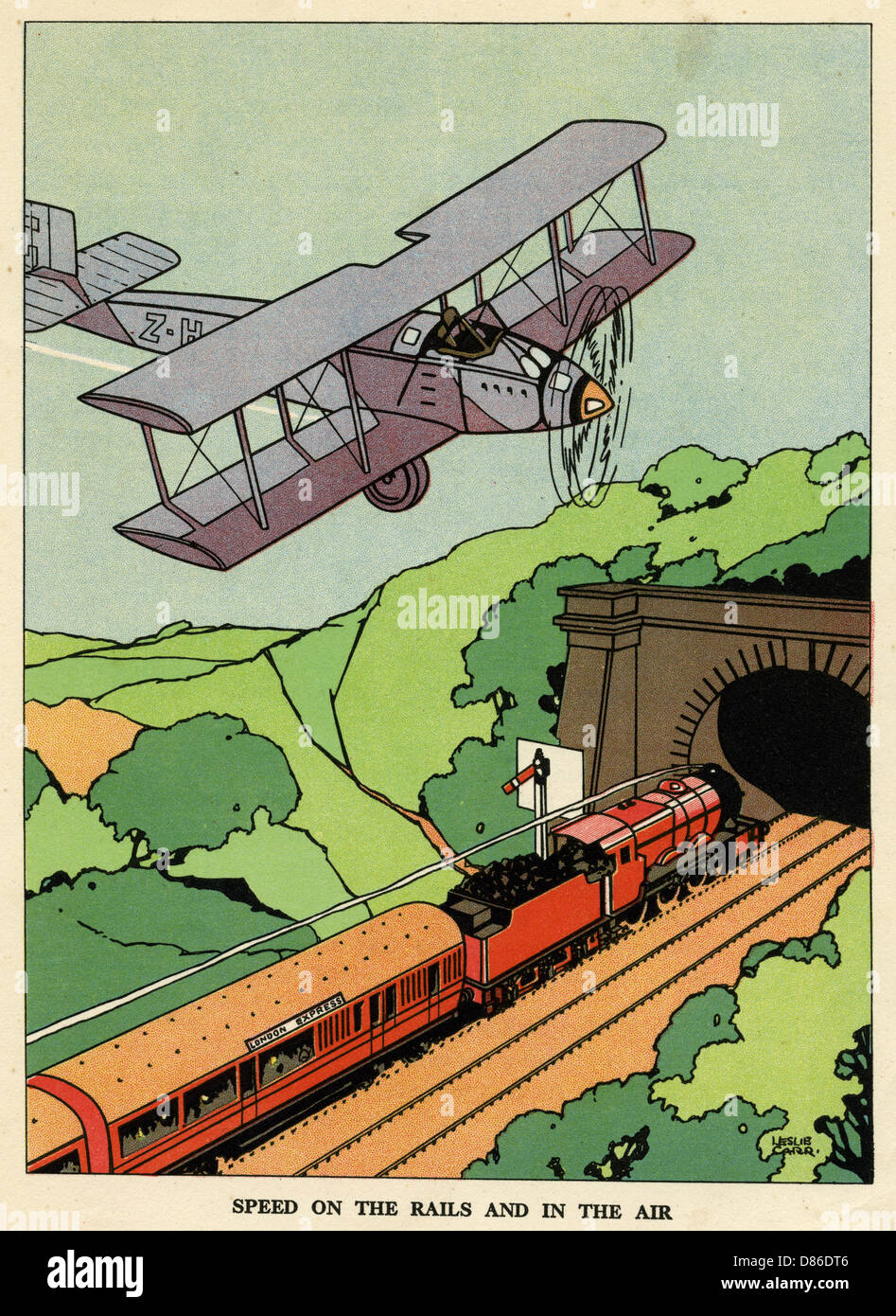 Un biplano e un treno a vapore Foto Stock