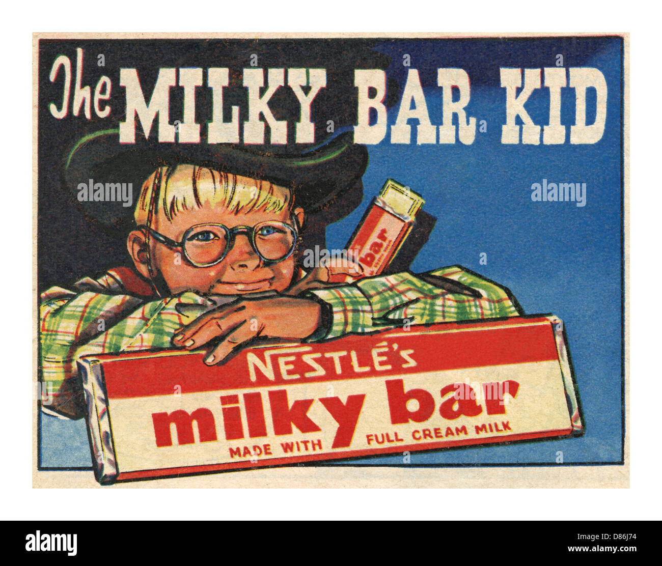 Il MILKY BAR KID anni sessanta Cartoon stile grafico premere pubblicità per si accoccola chocolate bar campagna "Il Milky Bar Kid' Foto Stock