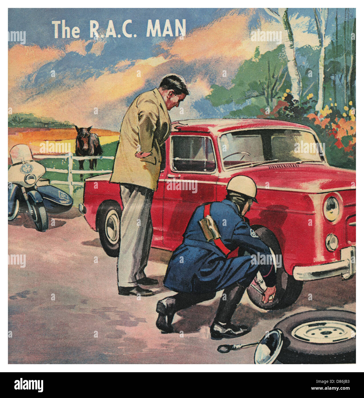 Anni sessanta bambini prenota illustrazione di RAC meccanico in moto per partecipare ad una ripartizione per auto Foto Stock