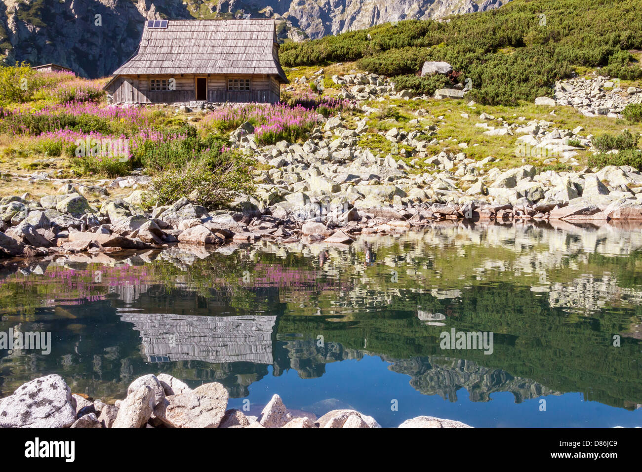 Cabina in legno in cinque laghi valley - polacco monti Tatra. Foto Stock