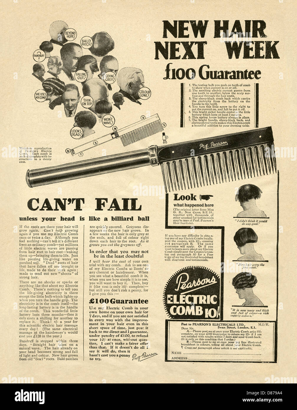 1928 Annuncio per Pearson del pettine elettrico - una calvizie cura con la rivendicazione che il pettine si otterrà nuovi capelli entro una settimana Foto Stock