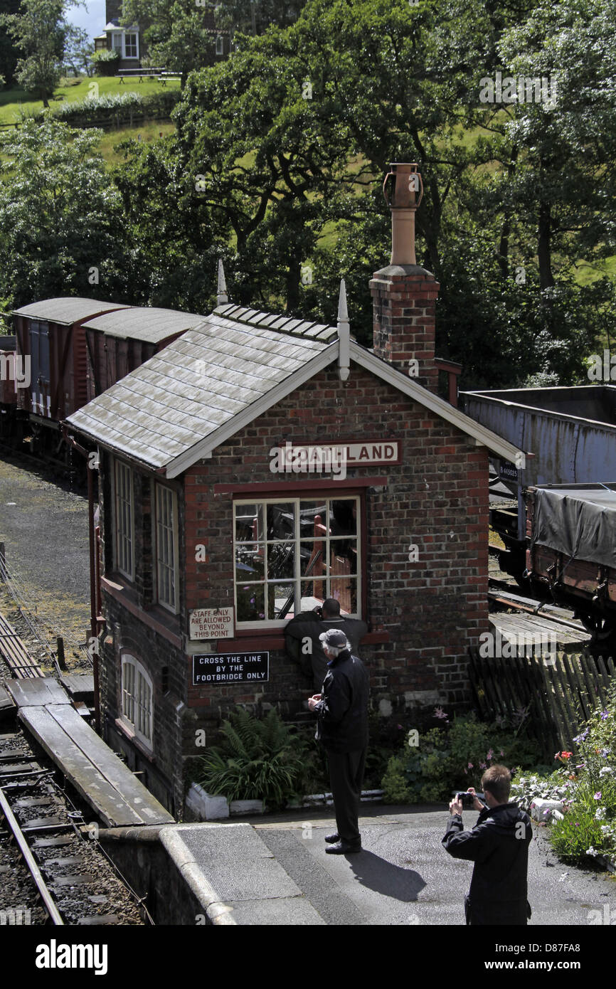 La casella SEGNALE SULLA PIATTAFORMA A GOATHLAND Yorkshire del nord Inghilterra 30 Luglio 2012 Foto Stock