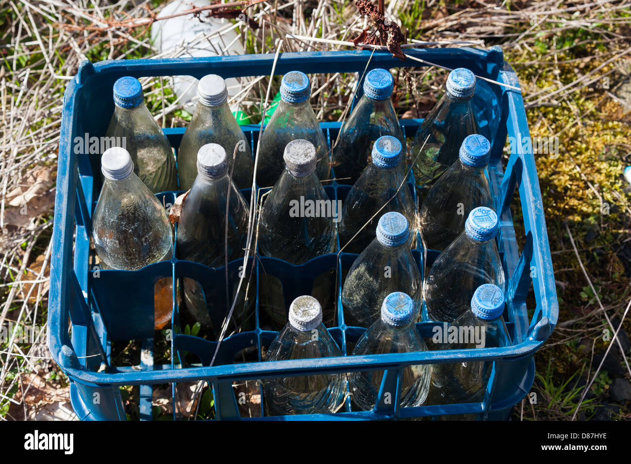 Scartato cassa di vecchie bottiglie di vetro Scotland Regno Unito Foto Stock