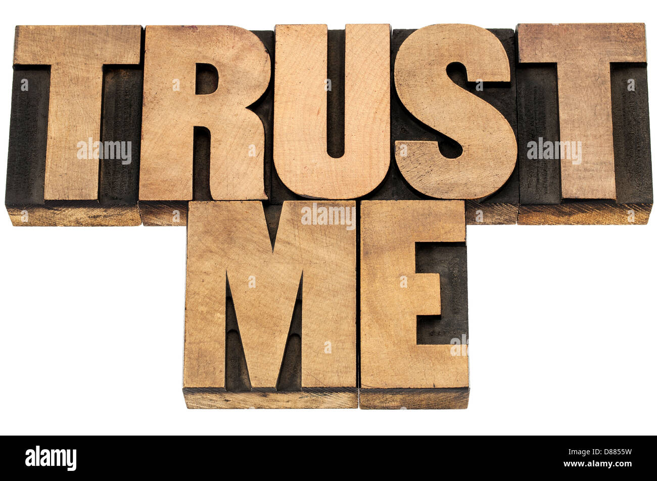 Trust me - testo isolato in rilievografia tipo legno blocchi di stampa Foto Stock
