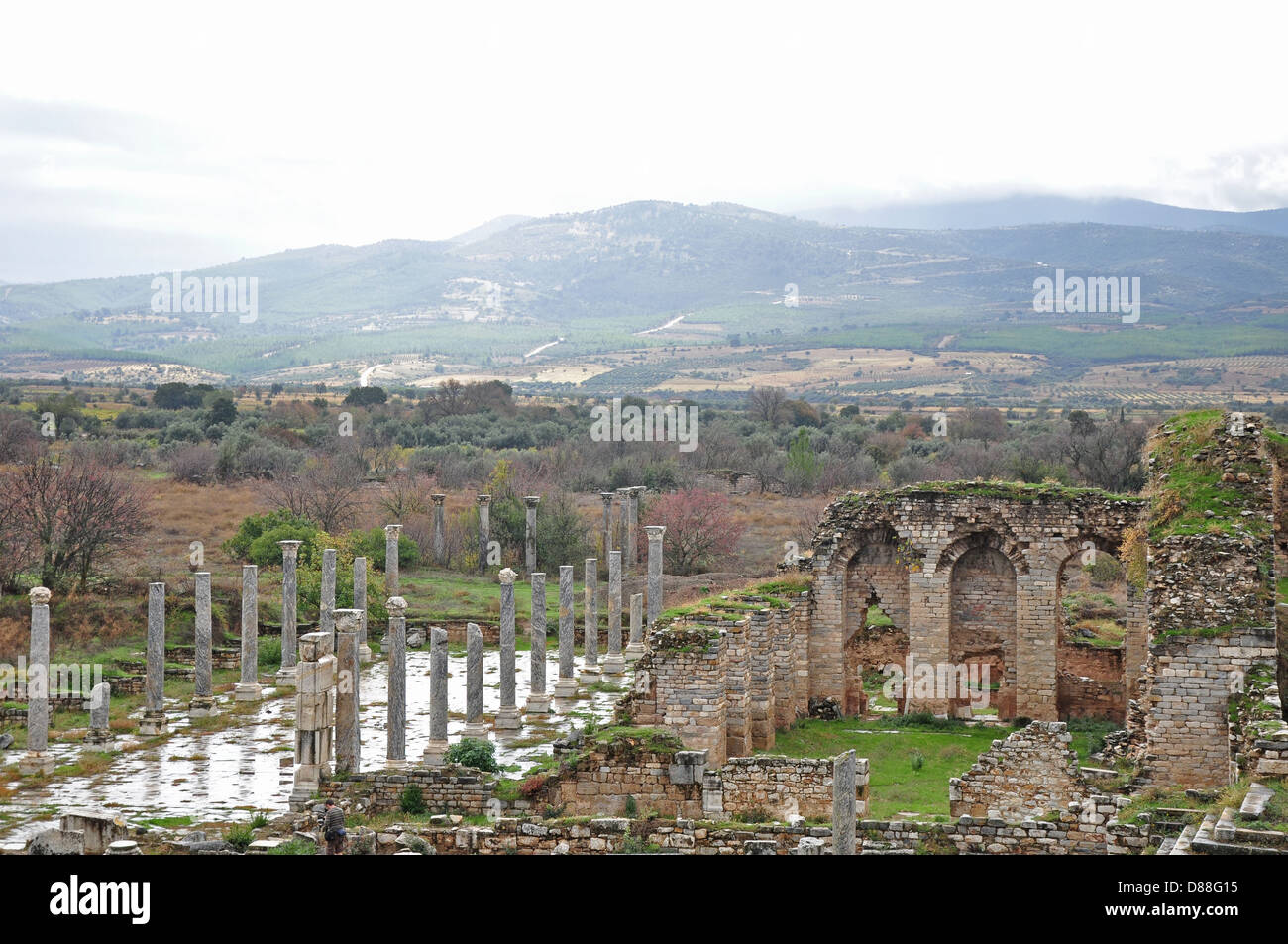 Il centro della città di Aphrodisias che mostra le rovine della grande sala colonnato e archi. Foto Stock