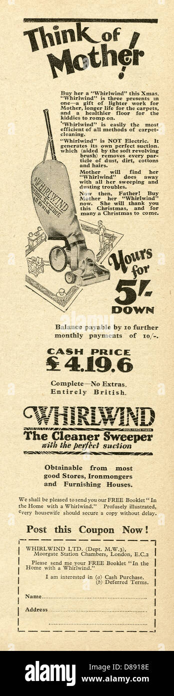 1928 annuncio per un turbine non elettrica battitappeto. L'annuncio suggerisce di pagare per il prodotto a rate Foto Stock