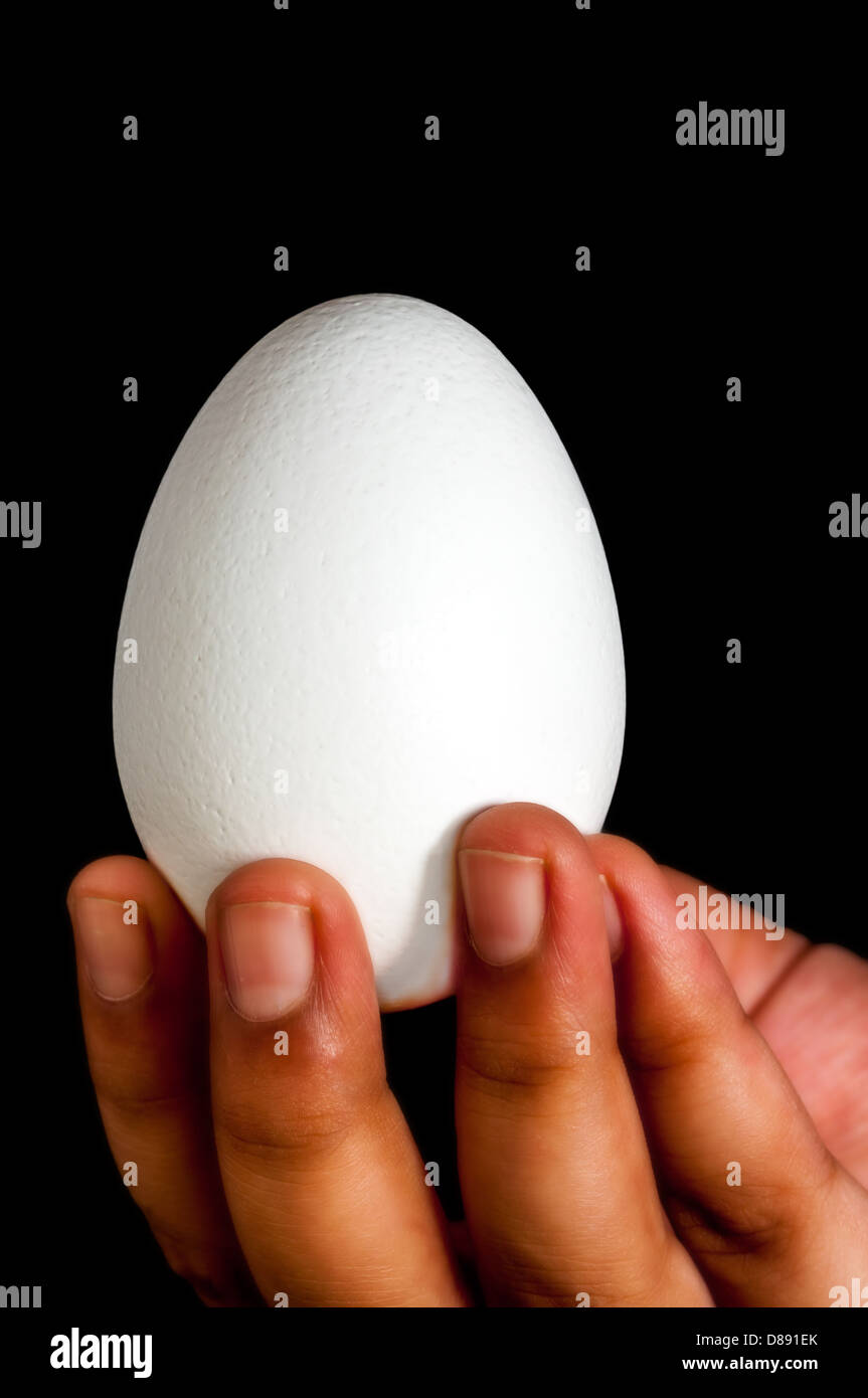 Le uova bianche, tenuto in mano, le dita, anteriore accesa, isolata, sfondo nero, spazio di copia Foto Stock