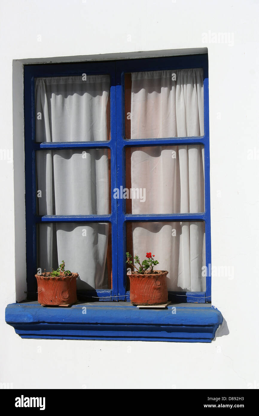 Un blu nella finestra in legno con vasi di fiori sul davanzale della finestra in un edificio a Quito, Ecuador Foto Stock