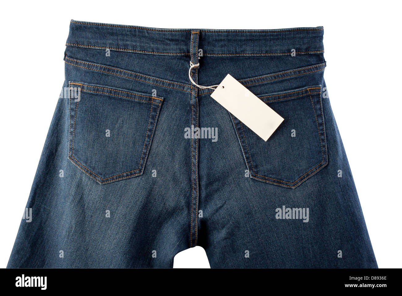 Lato posteriore di colore blu scuro jeans con tag Foto Stock