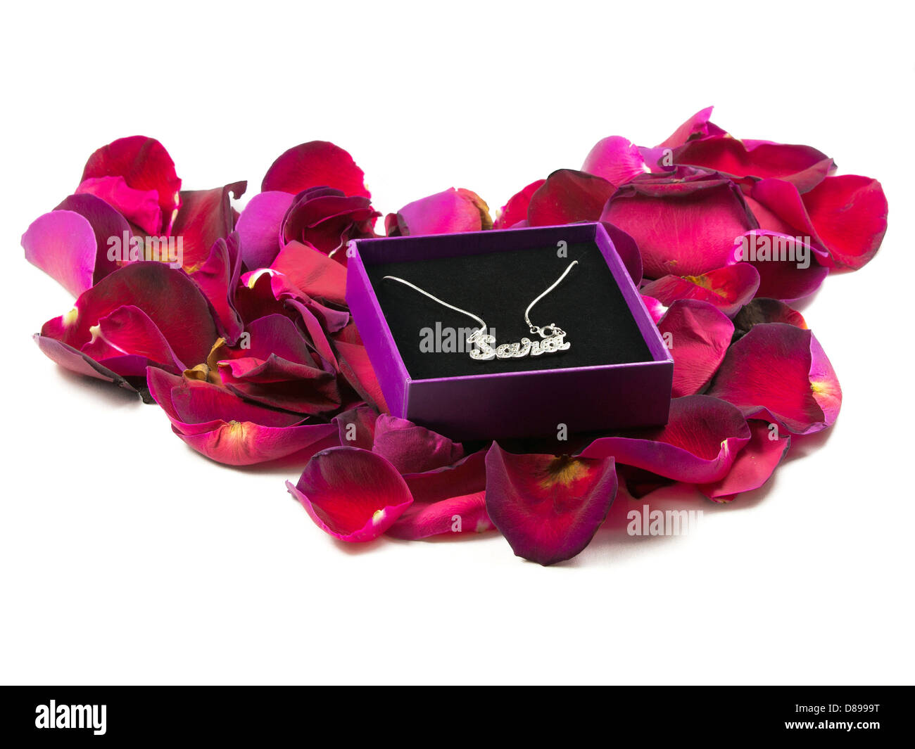 Cuore di rose con argento neckalce con lettere Sara Foto Stock