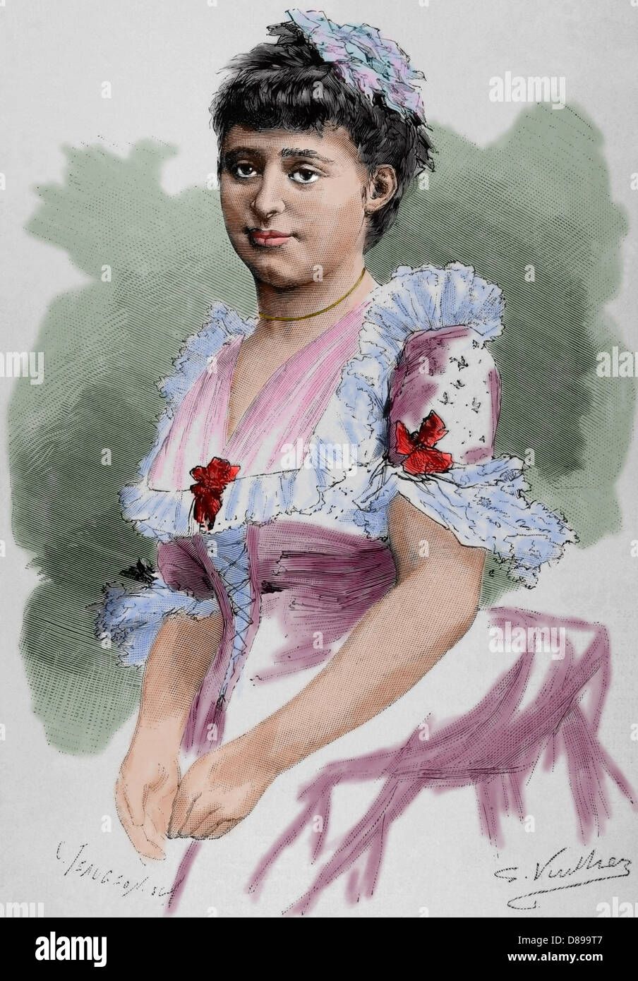 Maria Heilbronn (XIX secolo). Fumetto francese cantante lirica. Incisione di C. Teaugeon. La illustrazione artistica, 1884. Colorati. Foto Stock